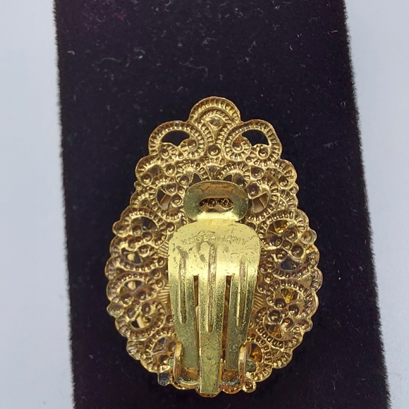 Vintage  W. Germany Handpaint Floral ClipOn Earrings w/ Rhinestone, GC. - Picture 6 of 16